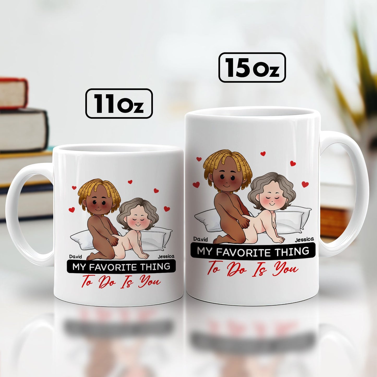 Two white personalized couple mugs 11oz and 15oz featuring a cartoon couple and My Favorite Thing to Do Is You text
