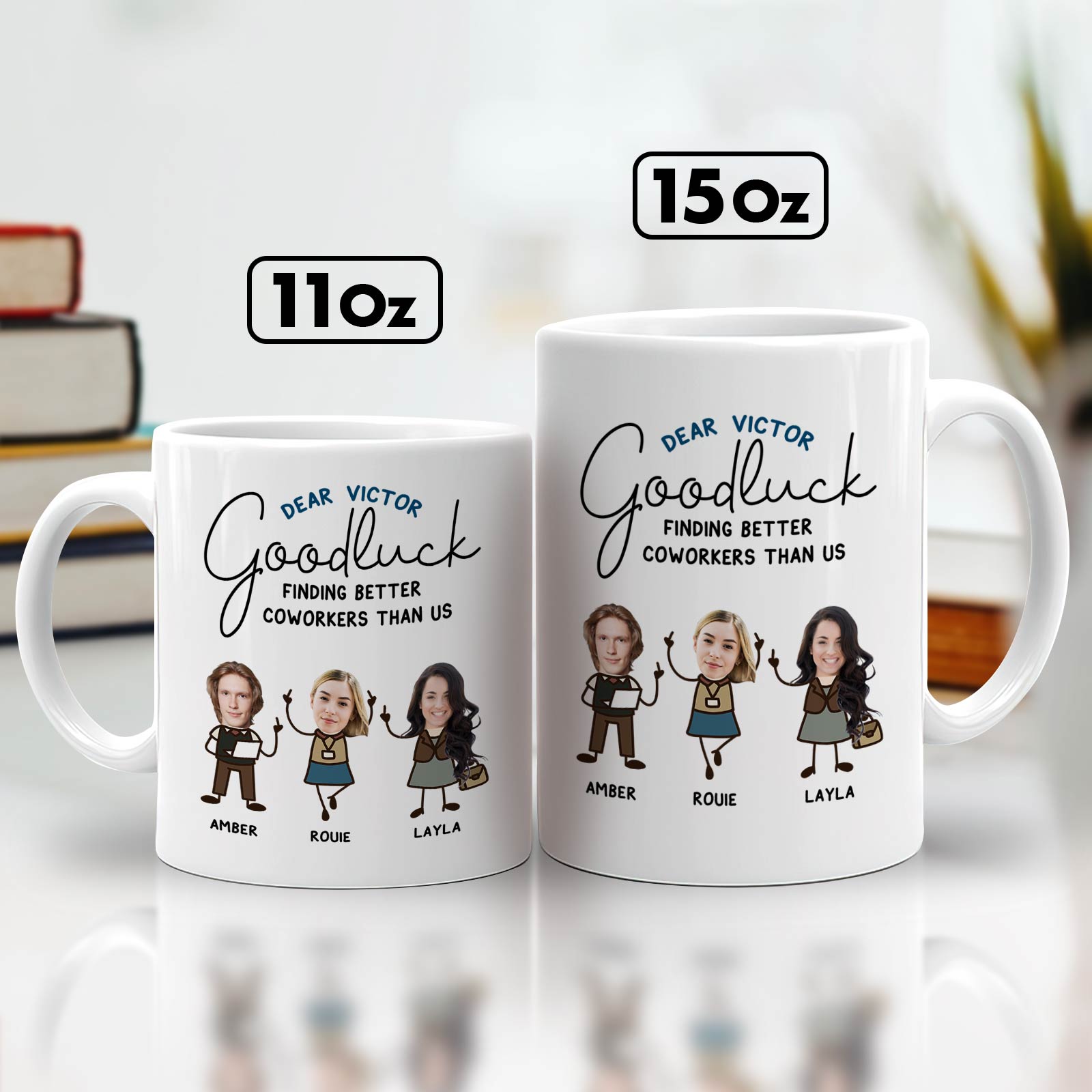 365Gifty personalized coworker mug set white ceramic 11oz and 15oz with custom caricatures and names Amber Rouie Layla