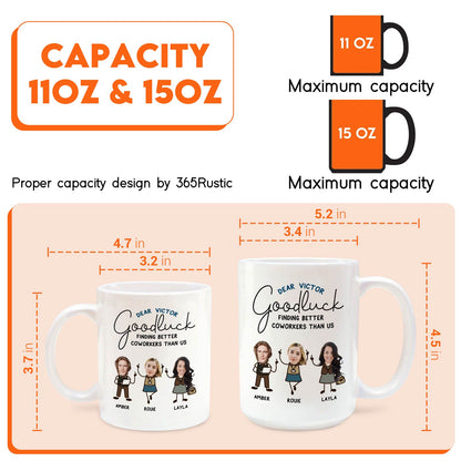 personalized coworker mug 11oz and 15oz white ceramic with caricatures Amber Roue Layla and Goodluck message