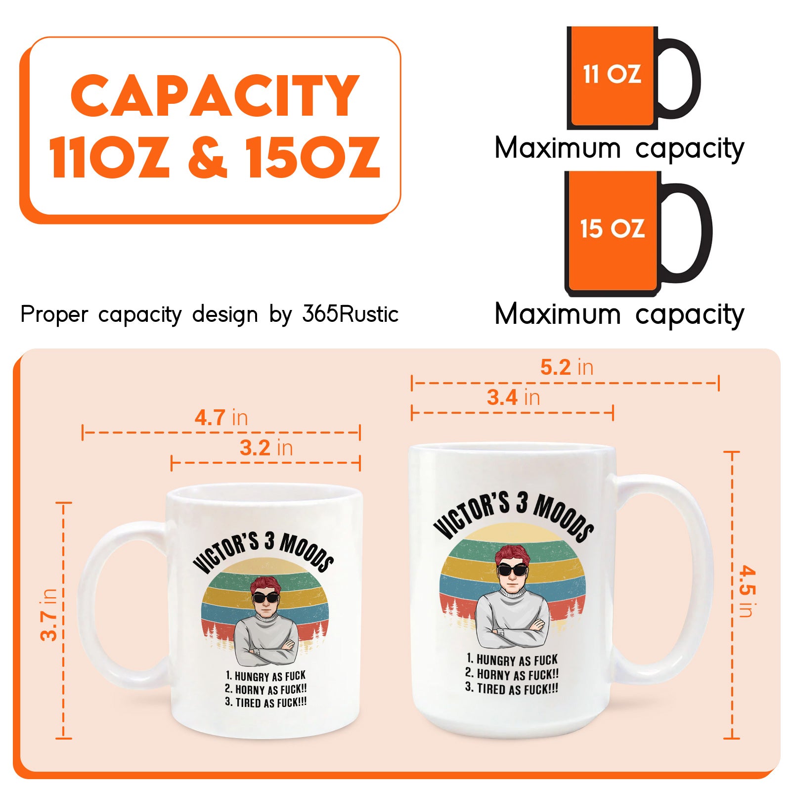 365Gifty personalized coworker mug showing white 11oz and 15oz custom graphic mugs with dimensions and capacity info