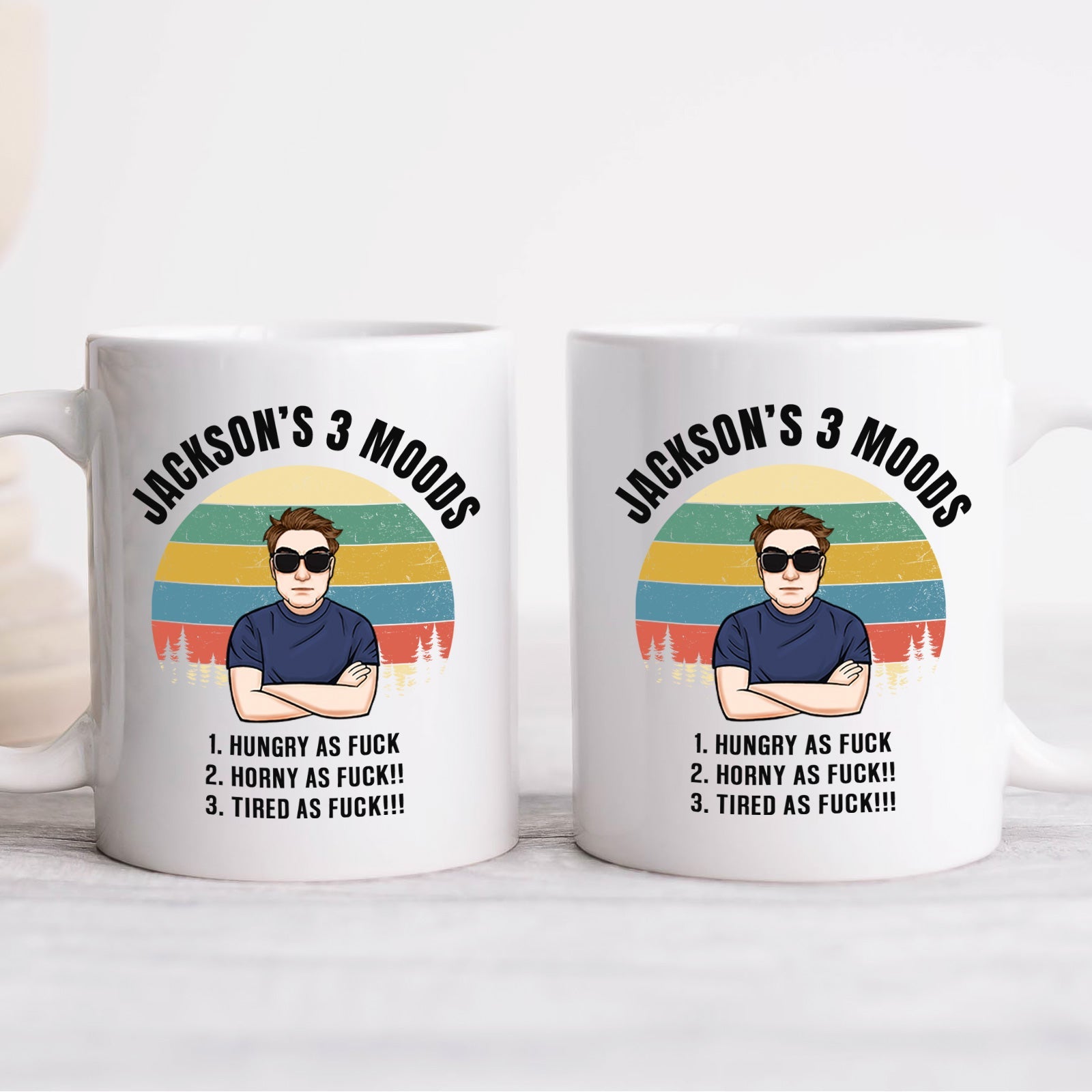 Set of two personalized coworker mug featuring Jacksons 3 Moods retro cartoon with explicit mood list