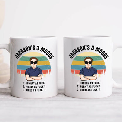 Set of two personalized coworker mug featuring Jacksons 3 Moods retro cartoon with explicit mood list
