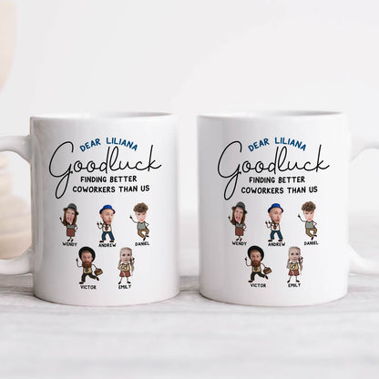 365Gifty personalized coworker mug set showing two white ceramic mugs with caricature avatars and names and Goodluck message