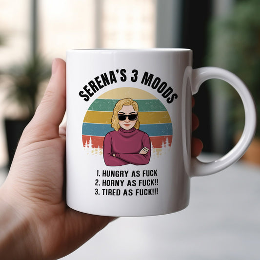 White personalized coworker mug with cartoon woman in sunglasses retro sunset and profane three mood list