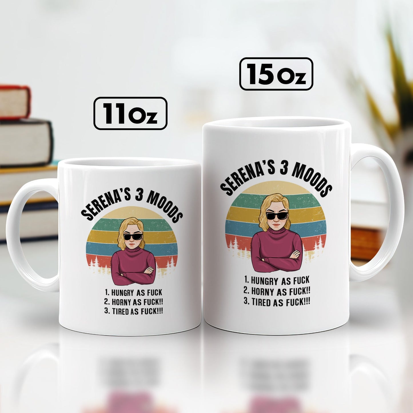 personalized coworker mug showing two white 11oz and 15oz mugs with Serena 3 Moods retro stripes and woman illustration
