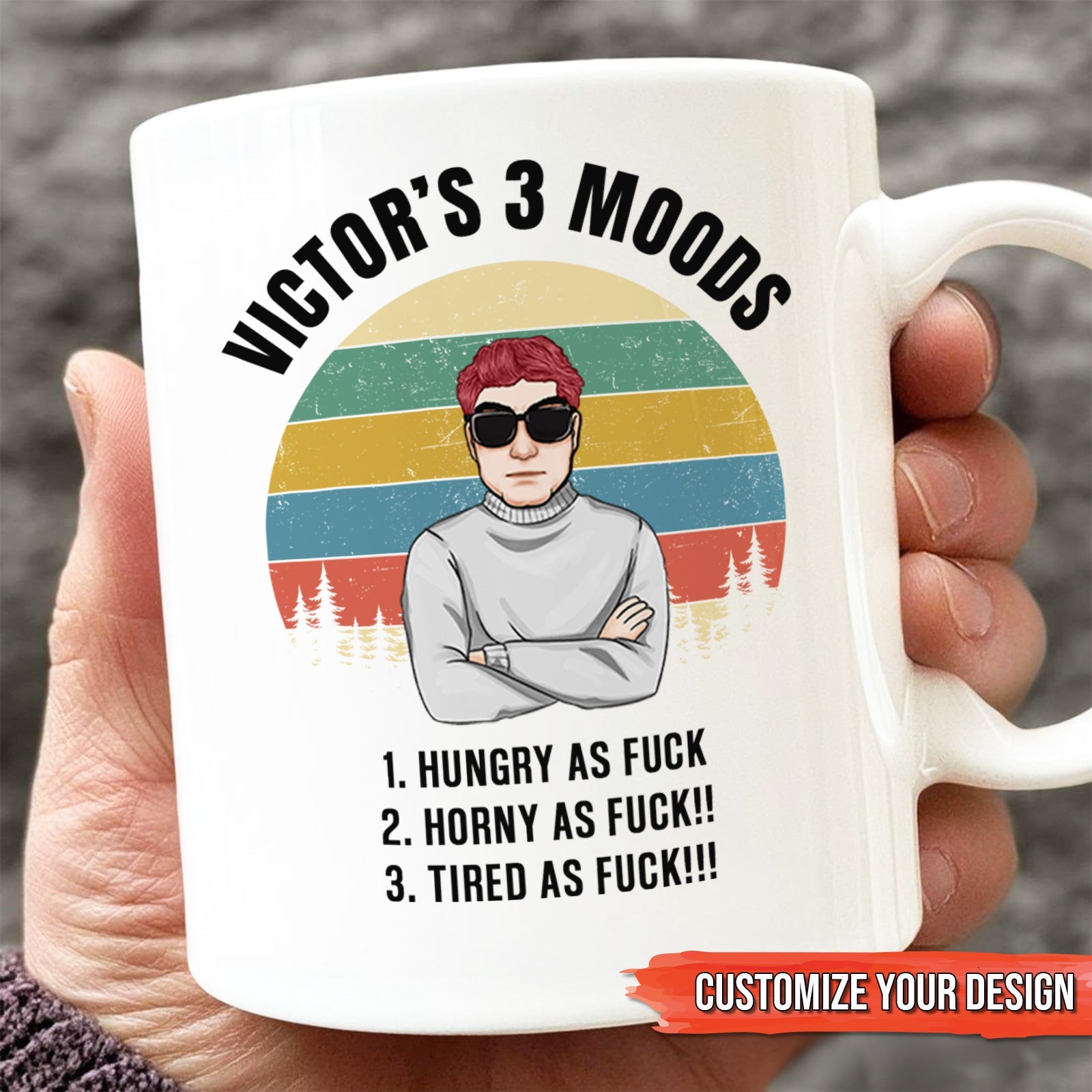 White ceramic personalized coworker mug showing Victors 3 Moods with illustrated man sunglasses and mood list