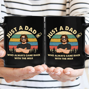 personalized dad mug black ceramic pair with Just A Dad slogan bearded dad sunglasses retro sunset and milk text