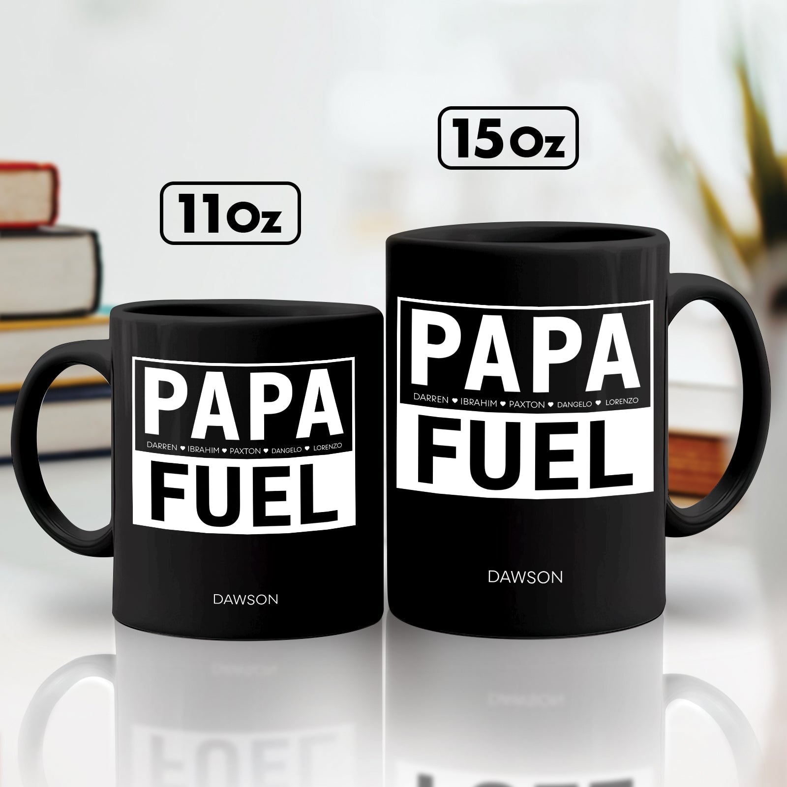 365Gifty personalized dad mug black PAPA FUEL design in 11oz and 15oz sizes with custom name Dawson
