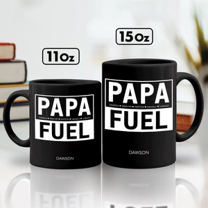 365Gifty personalized dad mug black PAPA FUEL design in 11oz and 15oz sizes with custom name Dawson