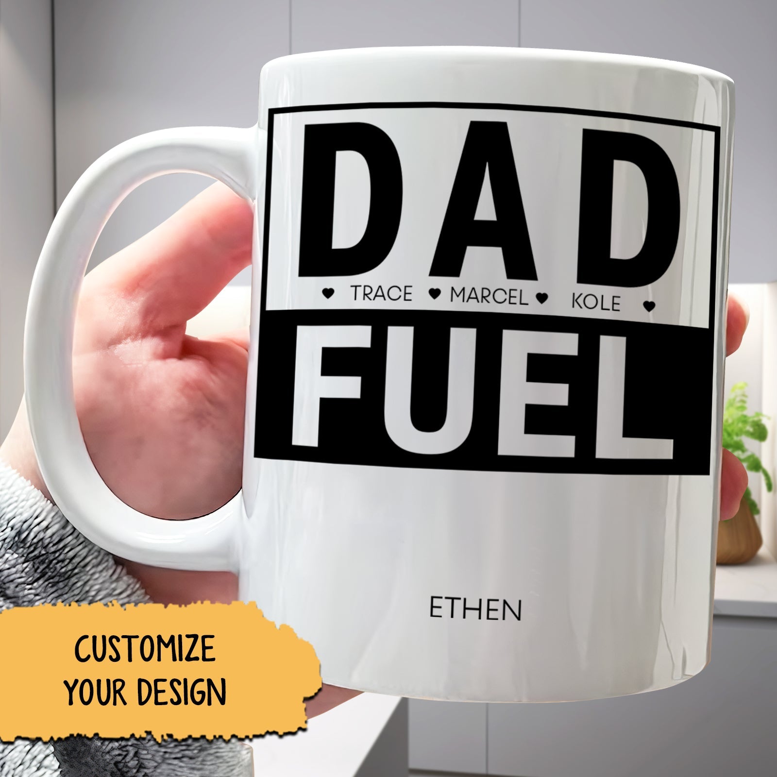personalized dad mug white ceramic DAD FUEL black print with small child names and Ethen name
