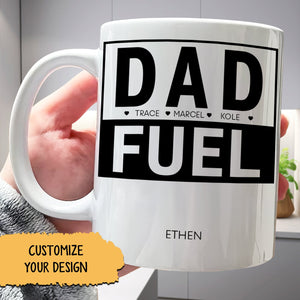personalized dad mug white ceramic DAD FUEL black print with small child names and Ethen name