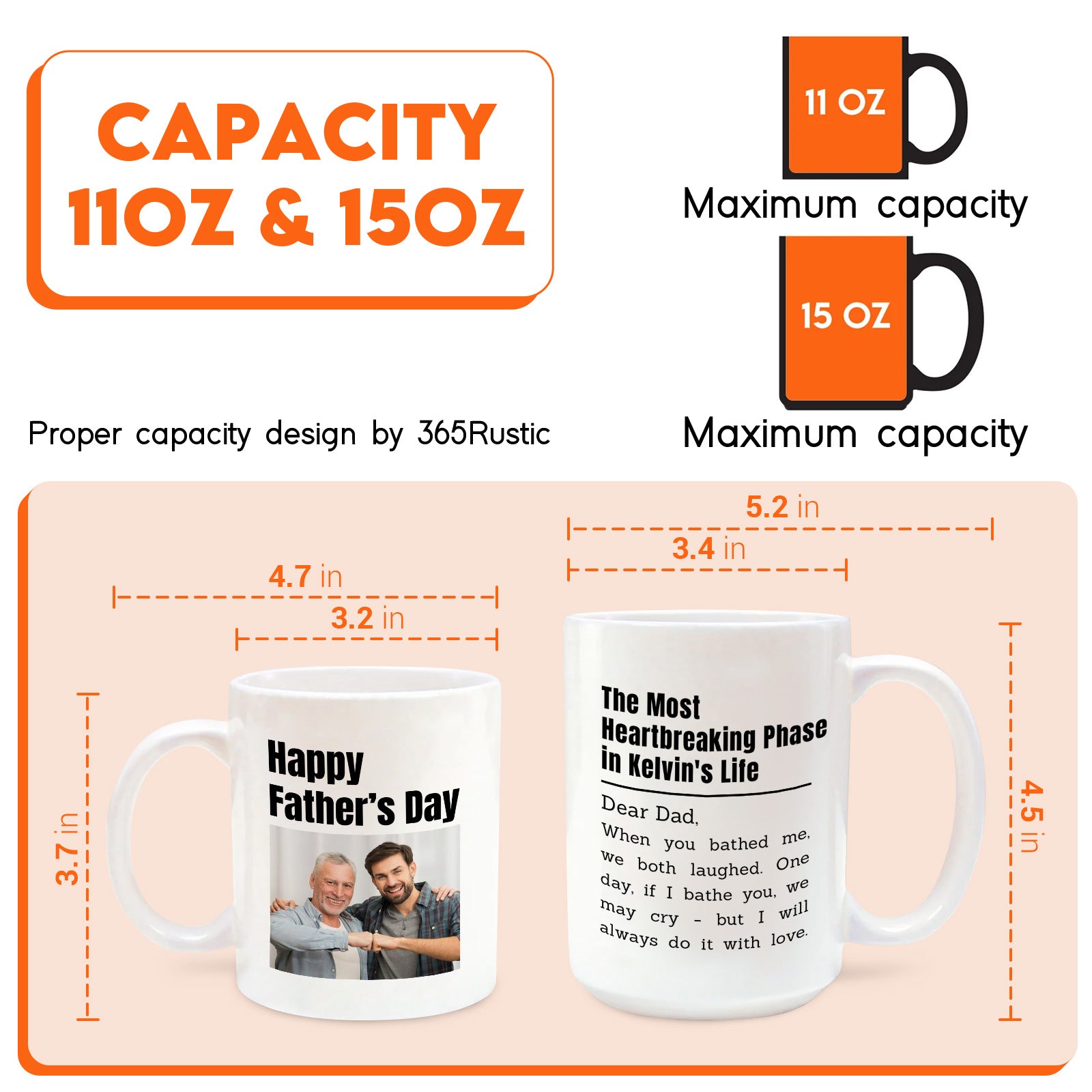 White ceramic personalized father memorial mug showing 11oz and 15oz sizes with photo and text