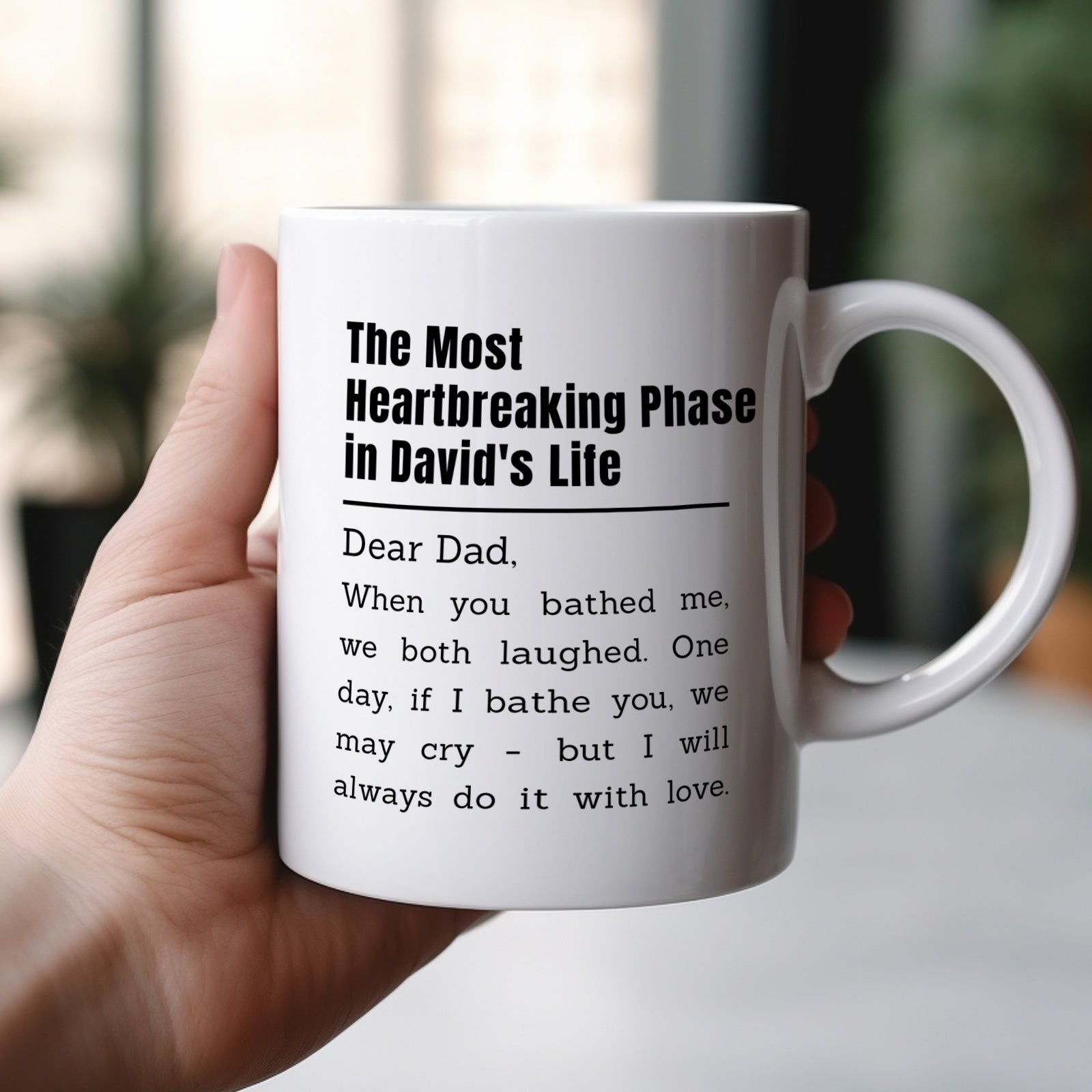 White ceramic personalized father memorial mug with sentimental Dear Dad letter and personalized name David