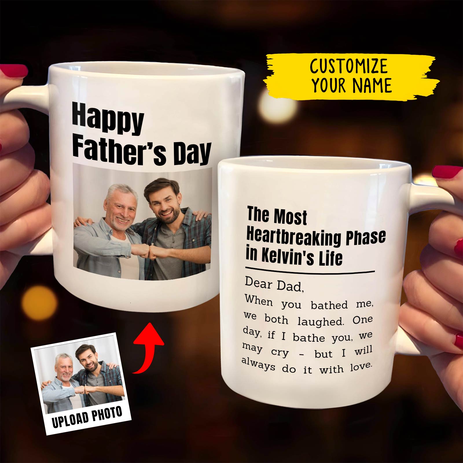 Two white mugs held showing Happy Fathers Day photo and a heartfelt poem customized name example personalized father memorial mug