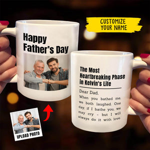 Two white mugs held showing Happy Fathers Day photo and a heartfelt poem customized name example personalized father memorial mug