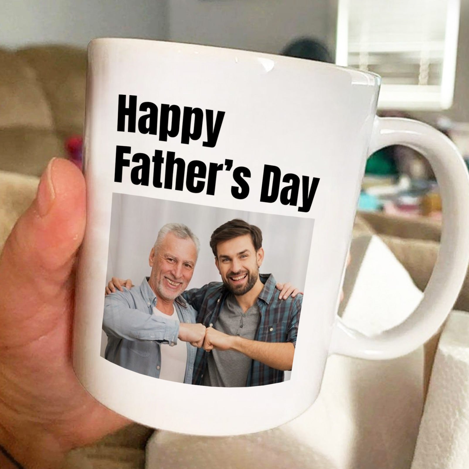 365Gifty white mug reading Happy Fathers Day with photo of smiling father and son fist bump personalized father memorial mug