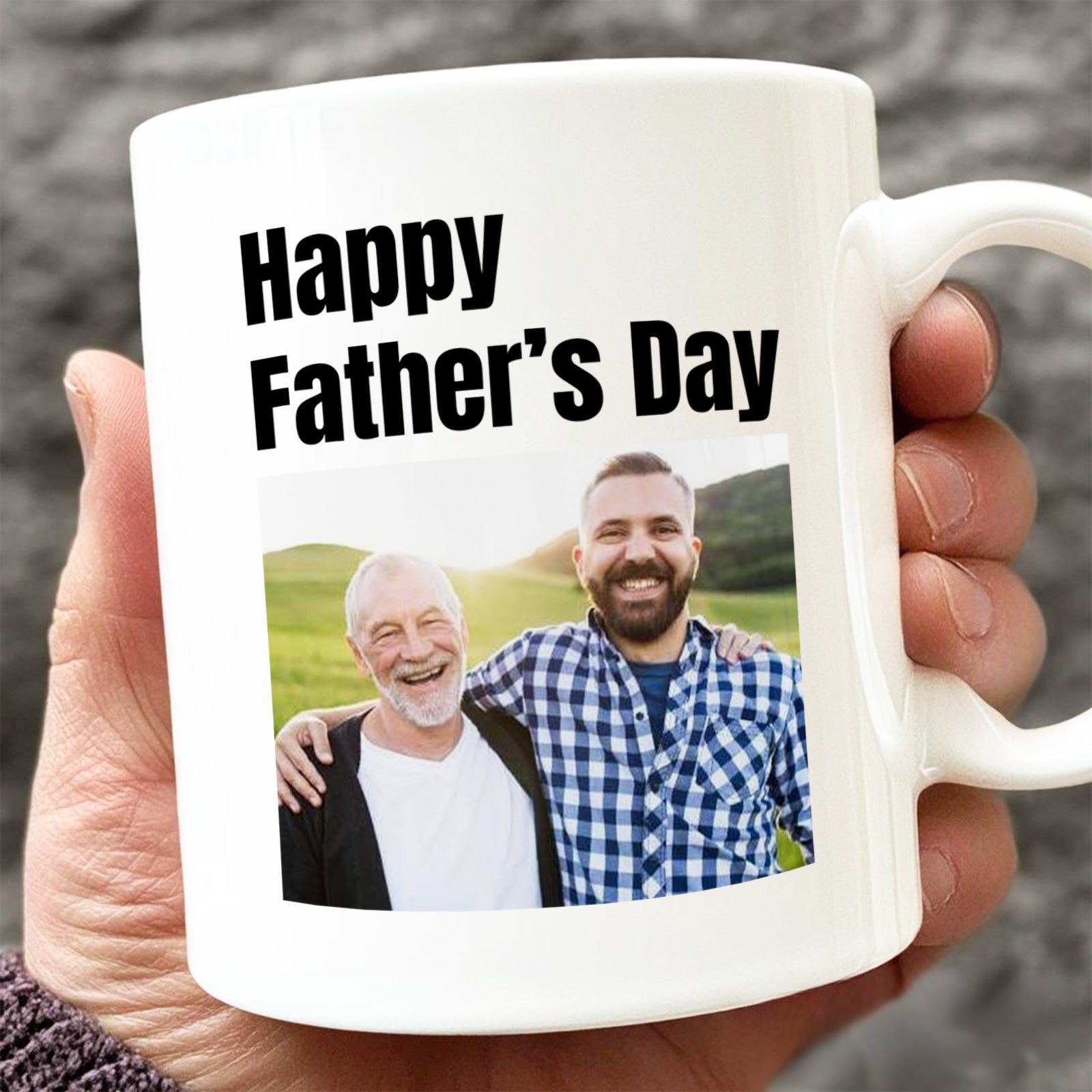 365Gifty personalized father memorial mug with Happy Fathers Day text and photo of smiling father and son