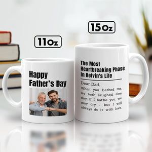 personalized father memorial mug set showing two white mugs with photo happy fathers day and sentimental message