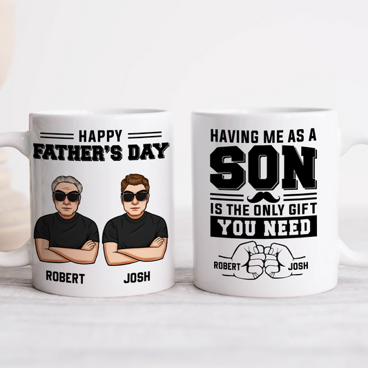 365Gifty personalized Father's Day mug set with two white mugs showing illustrated sons, names Robert and Josh, and bold gift text