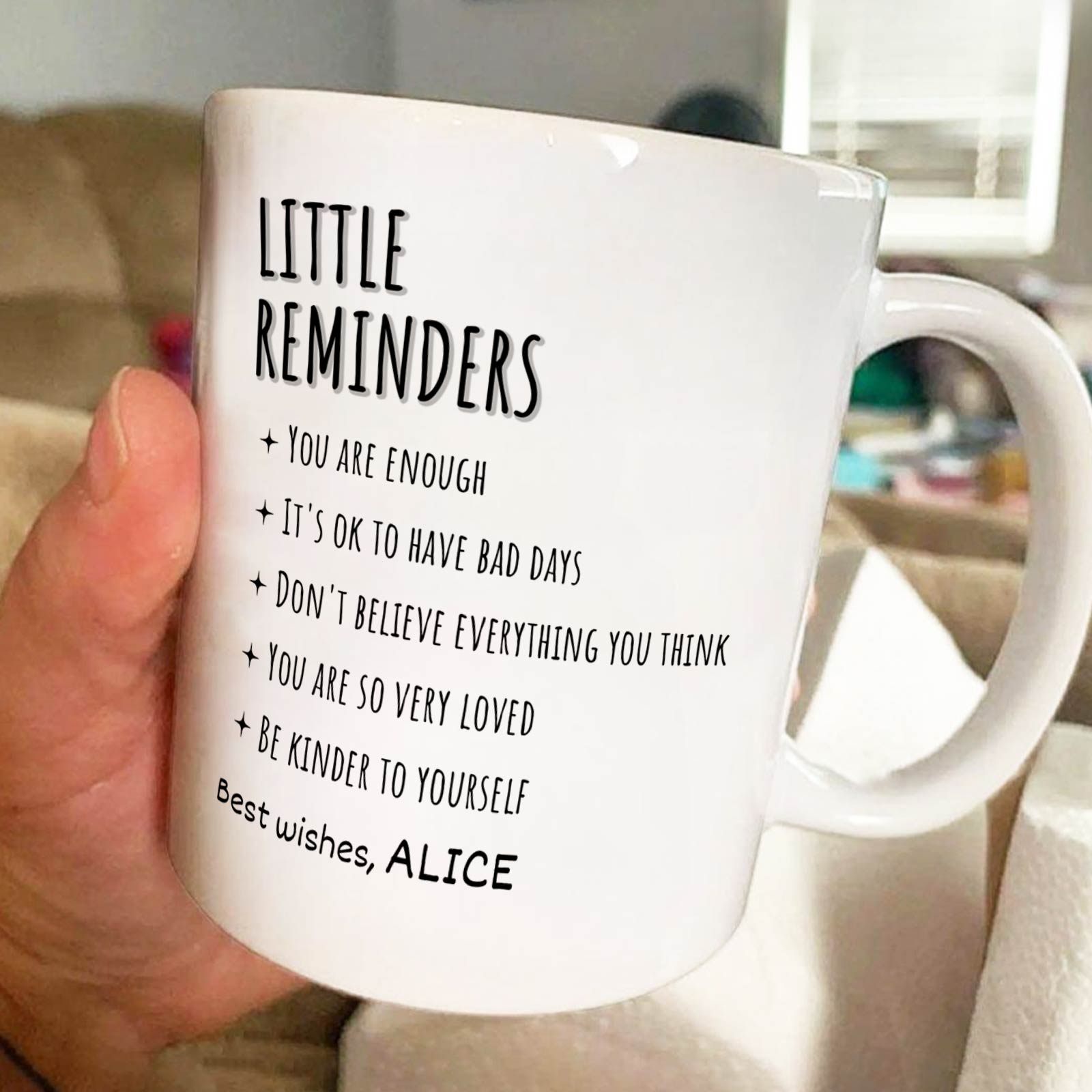 365Gifty personalized friends mug white ceramic with Little Reminders affirmations and Best wishes ALICE