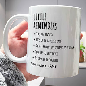 365Gifty personalized friends mug white ceramic held in hand with Little Reminders motivational list and Best wishes JAME