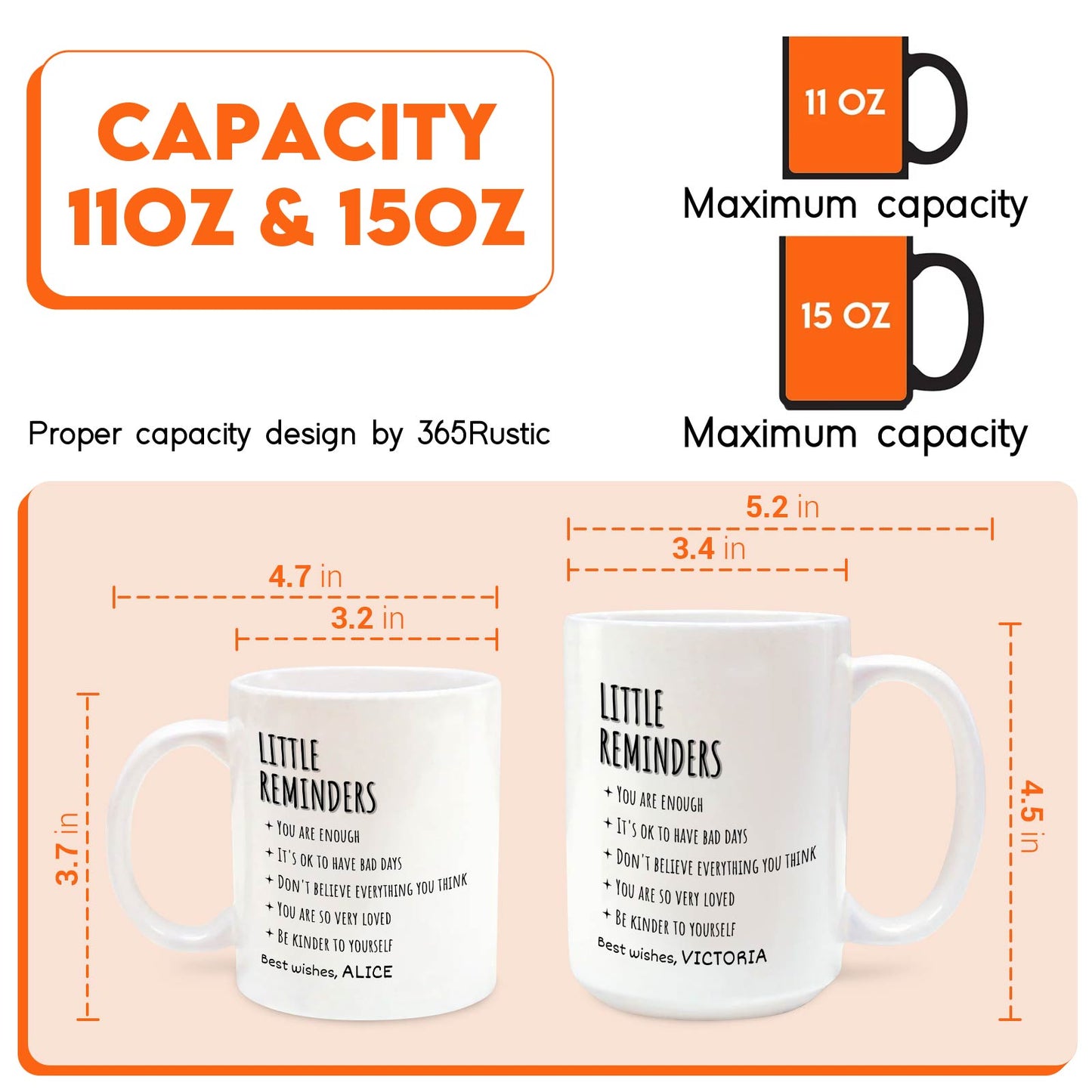 personalized friends mug white ceramic Little Reminders design shown in 11oz and 15oz sizes with dimensions