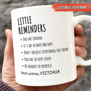 White ceramic personalized friends mug with Little Reminders list and customizable name Victoria