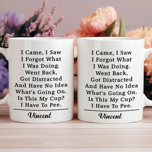White ceramic personalized funny mug set with black humorous poem text and name Vincent on each cup