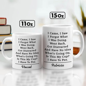 Two white ceramic personalized funny mug set 11oz and 15oz with humorous poem text and names Vincent and Patricia