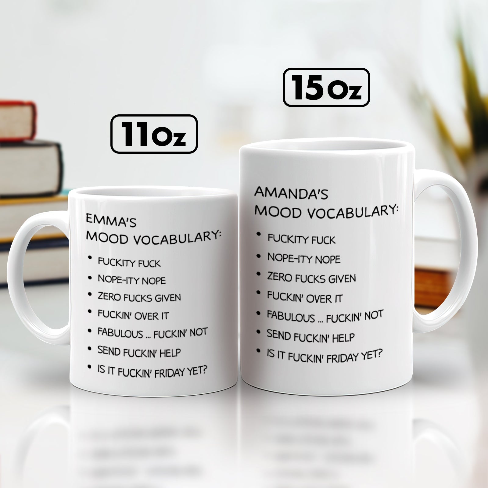 Two white ceramic personalized funny office mugs 11oz and 15oz with printed mood vocabulary lists