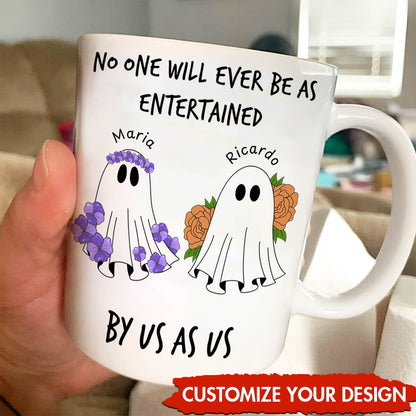 personalized Halloween ghost mug 365Gifty white ceramic mug with two named floral ghosts Maria and Ricardo