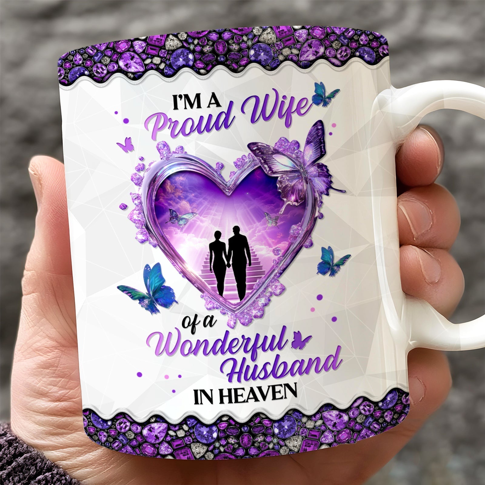 personalized memorial mug for wife featuring purple jeweled heart couple silhouette butterflies and memorial text