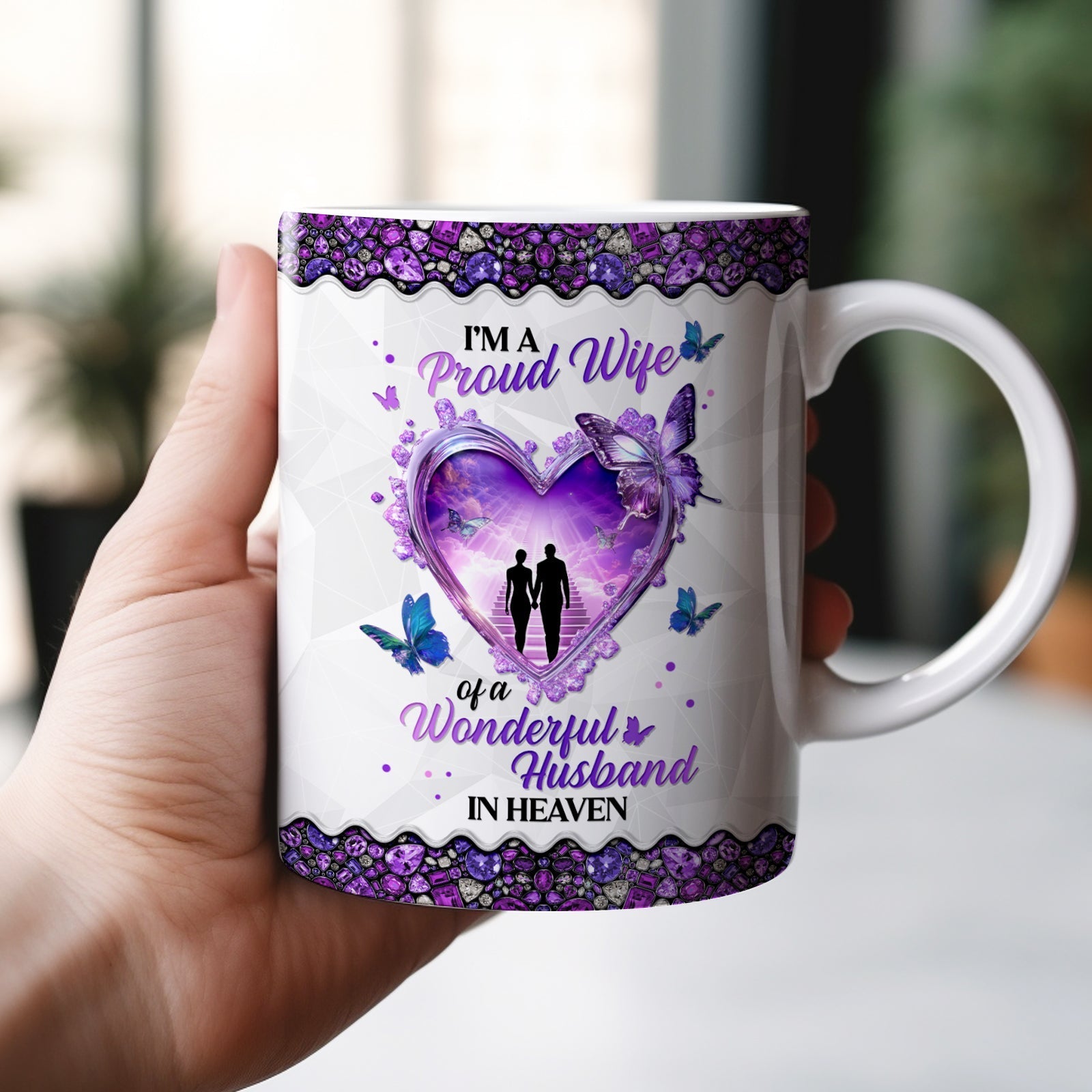 personalized memorial mug for wife white ceramic mug purple heart butterflies proud wife of husband in heaven