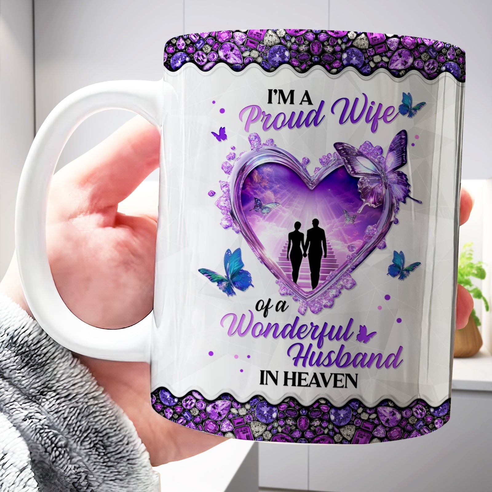 365Gifty personalized memorial mug for wife with purple heart portrait butterflies proud wife text