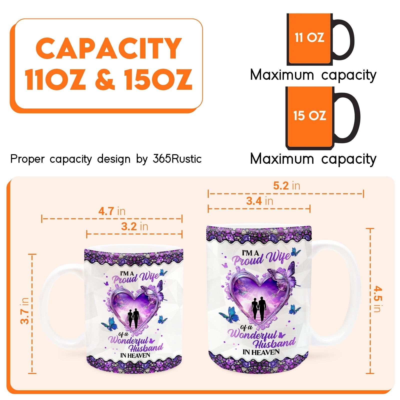 personalized memorial mug for wife showing two white 11 oz and 15 oz purple heart design mugs with size measurements