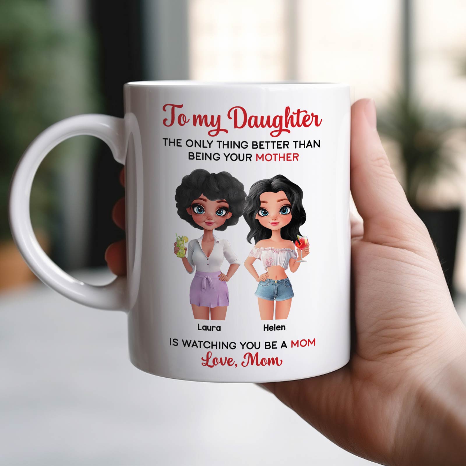 White personalized mother daughter mug with two cartoon daughters labeled Laura and Helen and Love Mom message
