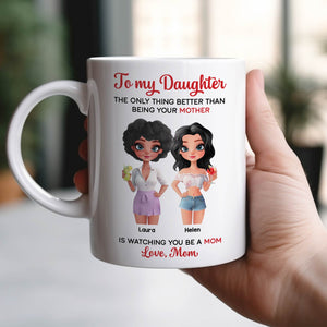 White personalized mother daughter mug with two cartoon daughters labeled Laura and Helen and Love Mom message