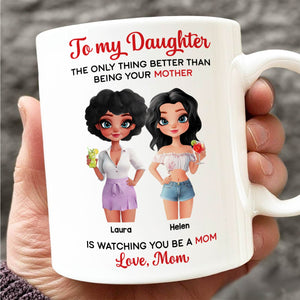 White ceramic personalized mother daughter mug showing two cartoon daughters Laura and Helen with heartfelt message from Mom