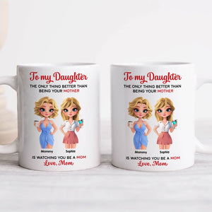 365Gifty personalized mother daughter mug set featuring matching cartoon blonde mom and daughter with printed names