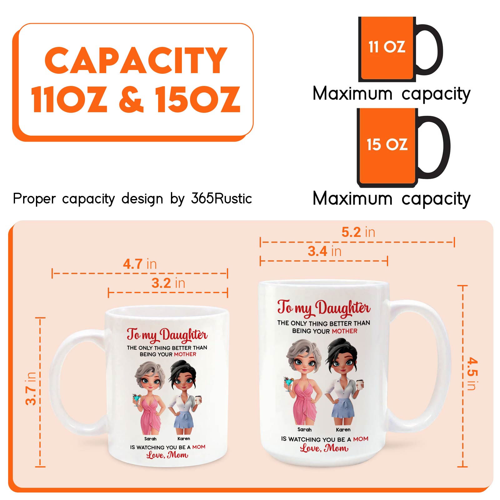 365Gifty personalized mother daughter mug showing 11 oz and 15 oz white mugs with mom and daughter illustration and To my Daughter