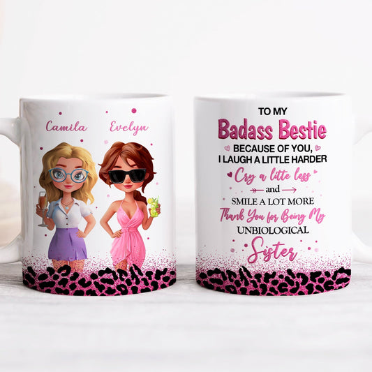 365Gifty personalized mug for best friends featuring two cartoon besties and pink leopard print sentimental message