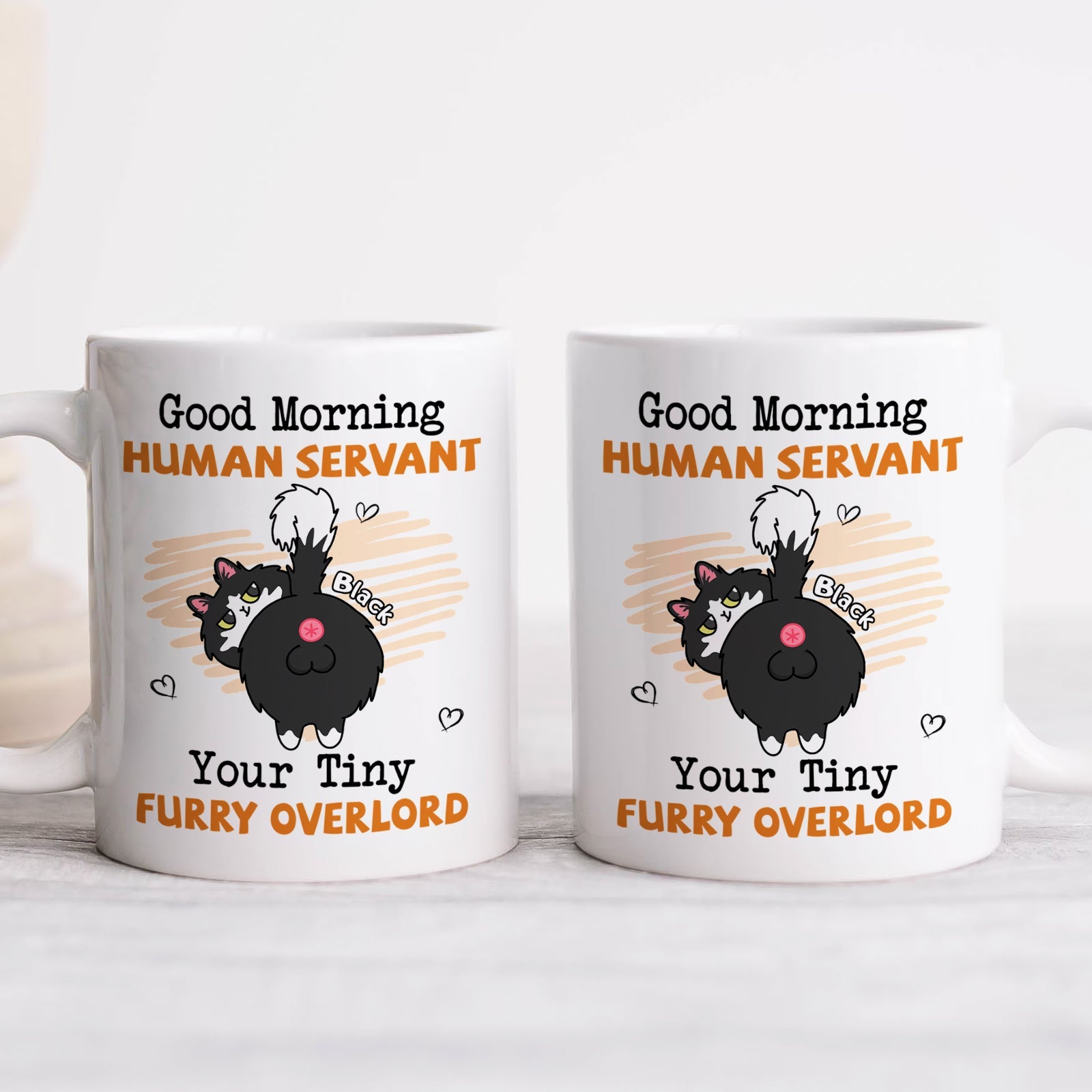 365Gifty personalized pet lover mug set of two with cartoon black fluffy cat and Good Morning Human Servant design