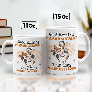 personalized pet lover mug set 11oz and 15oz white mugs with cartoon cat Good Morning Human Servant design