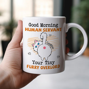 365Gifty personalized pet lover mug with cute cartoon fluffy cat showing backside and Good Morning Human Servant text