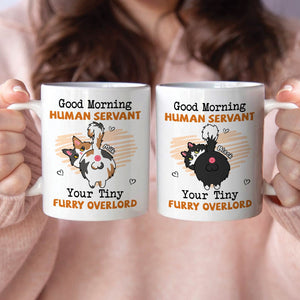 365Gifty personalized pet lover mug pair with two white mugs featuring cartoon cats and Good Morning Human Servant design