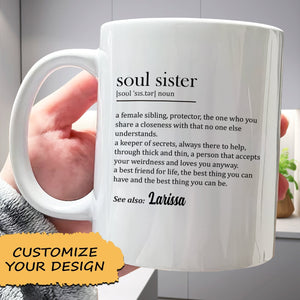 White personalized soul sister mug with dictionary style definition and customizable name Larissa
