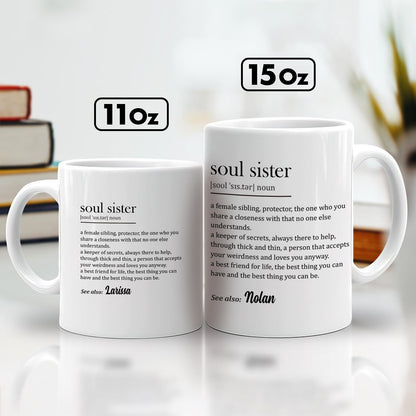 personalized soul sister mug set white ceramic 11oz and 15oz dictionary style definition and name personalization