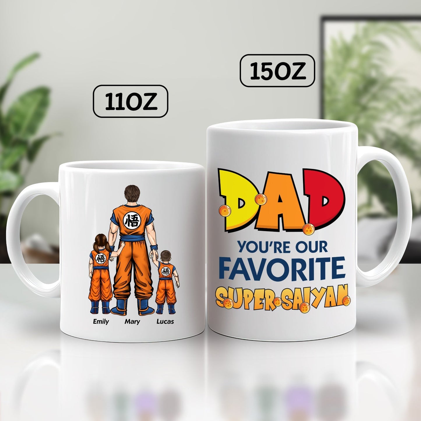 personalized super saiyan dad mug showing 11oz and 15oz white mugs with dad and two kids in orange gis and bold DAD text