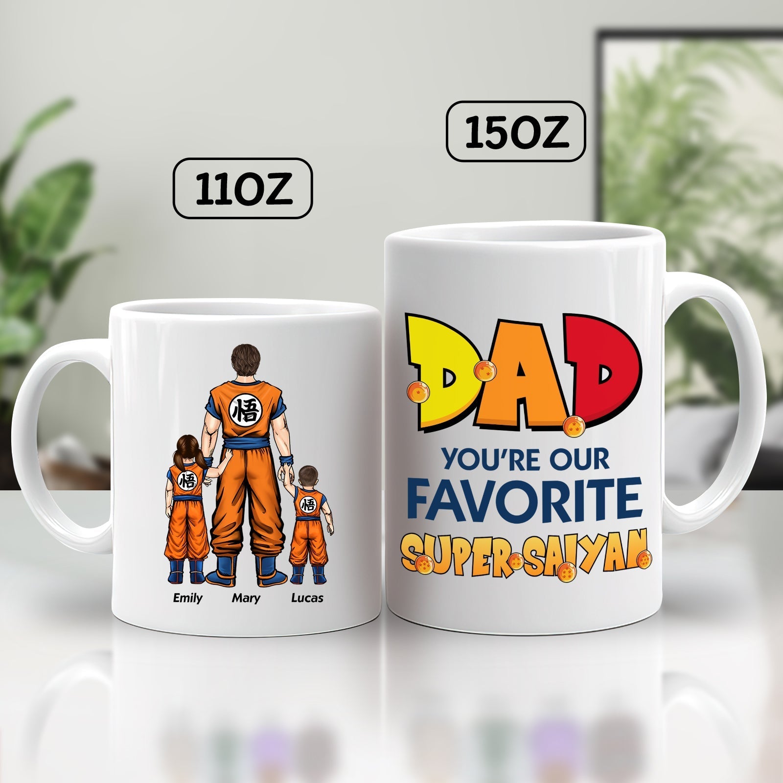 personalized super saiyan dad mug showing 11oz and 15oz white mugs with dad and two kids in orange gis and bold DAD text