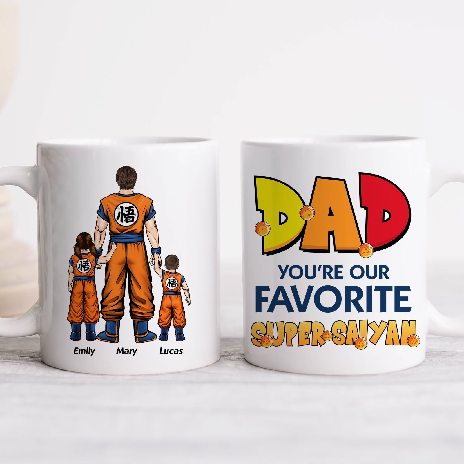personalized super saiyan dad mug showing father and two children in orange Saiyan uniforms with names Emily Mary Lucas